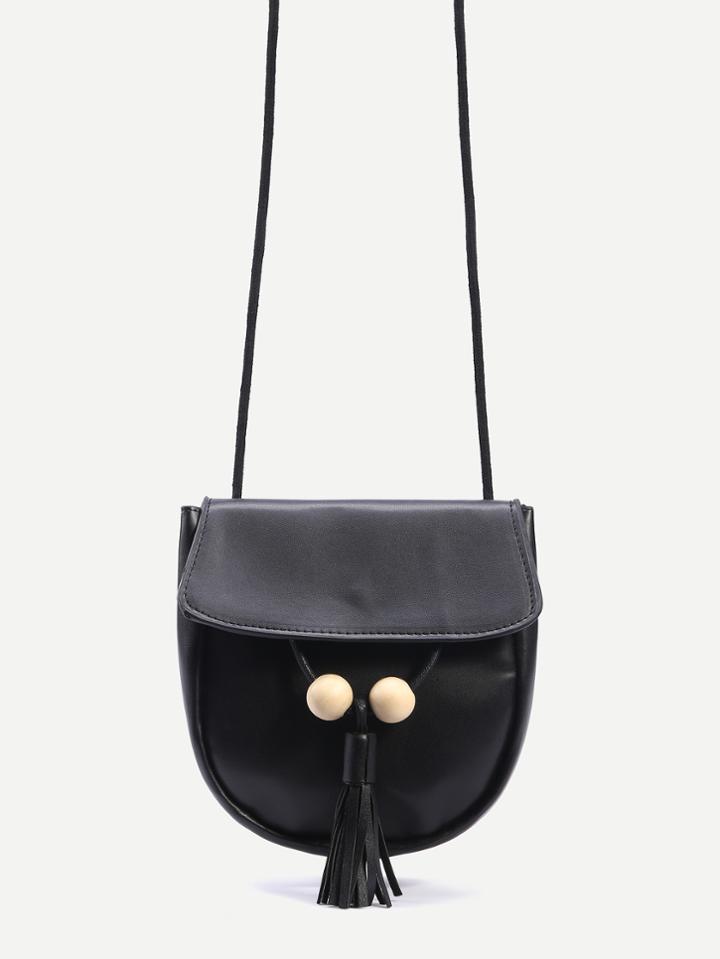 Romwe Black Wood Ball And Tassel Trim Saddle Bag