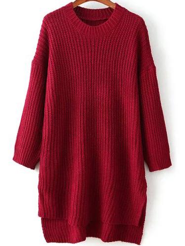Romwe Dip Hem Slim Dolman Wine Red Sweater