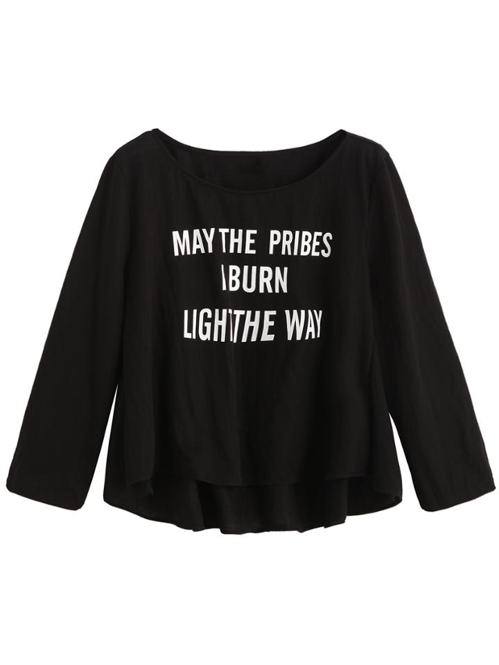 Romwe Black Letters Print Dip Hem T-shirt
