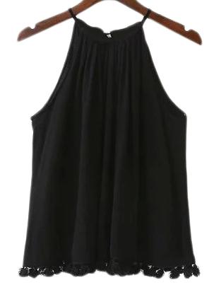 Romwe Black Tassel Hem Spaghetti Strap Tank Top