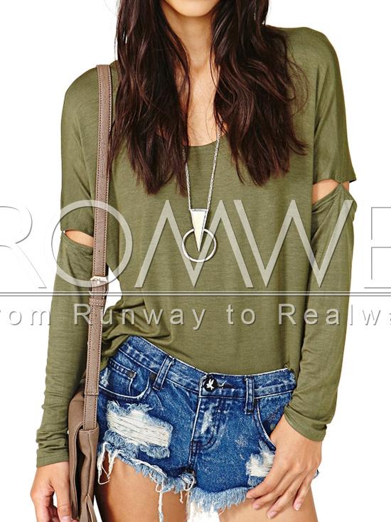 Romwe Army Green Long Sleeve Cut Out T-shirt