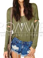 Romwe Army Green Long Sleeve Cut Out T-shirt