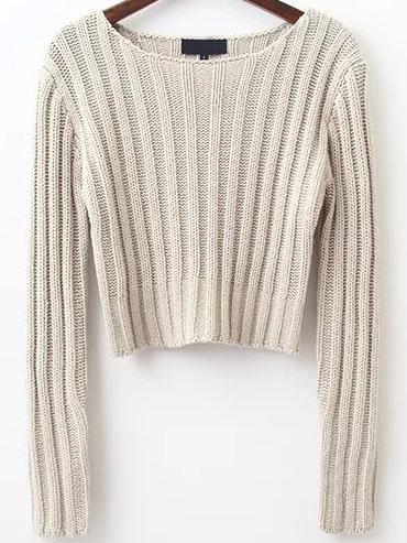 Romwe Apricot Ribbed Round Neck Crop Sweater