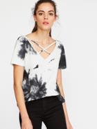 Romwe Black White Tie Dye Print Crisscross V Neck Ribbed T-shirt