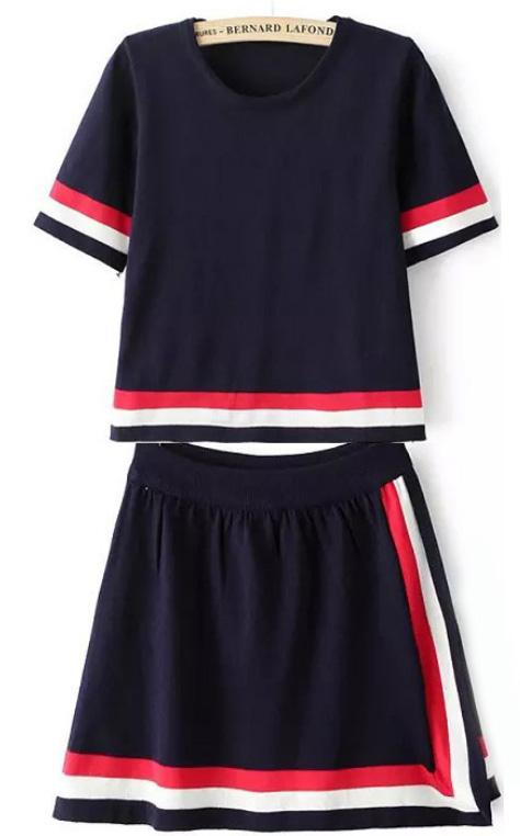 Romwe Striped Top With Split Navy Skirt