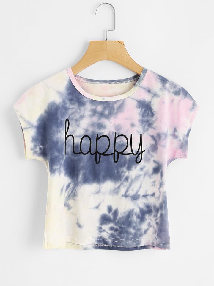 Romwe Happy Print Tie Dye Tee