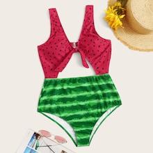 Romwe Random Watermelon  Cut-out Tie Front One Piece Swimwear