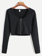 Romwe Black Zip Up Front Crop T-shirt