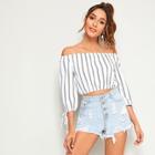Romwe Striped Off The Shoulder Knot Cuff Blouse