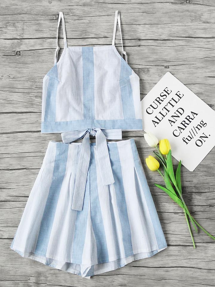 Romwe Stripe Bow Tie Open Back Crop Cami Top With Shorts