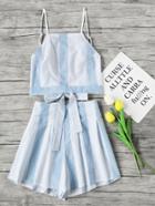 Romwe Stripe Bow Tie Open Back Crop Cami Top With Shorts