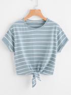 Romwe Knot Front Cuffed Sleeve Striped Tee