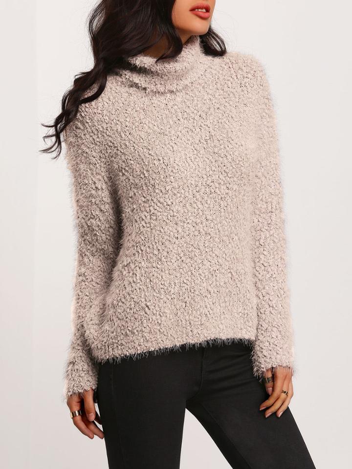 Romwe Turtleneck Long Sleeve Shaggy Jumper