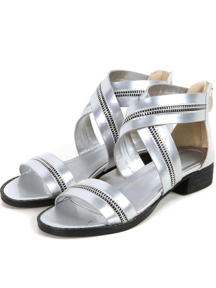 Romwe Silver Back Zipper Flat Sandals