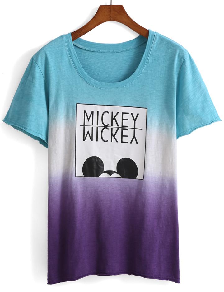 Romwe Mickey Print Ombre T-shirt