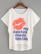 Romwe White Lip Print High Low Dolman Sleeve T-shirt