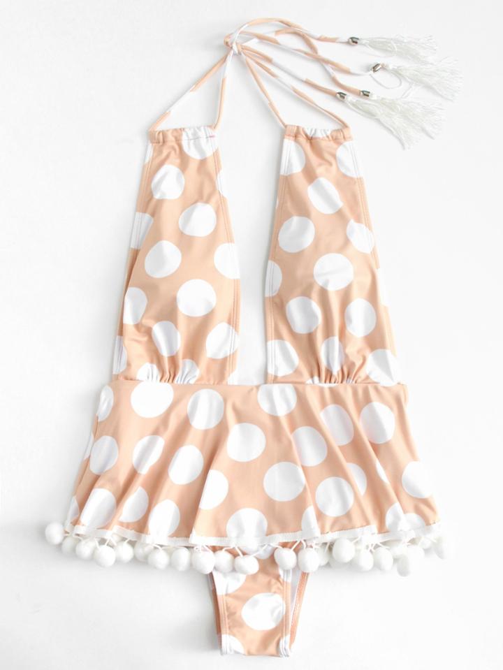 Romwe Polka Dot Pom Pom Hem Swimsuit