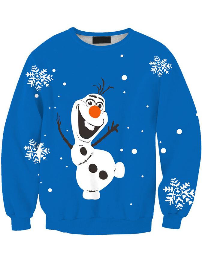 Romwe Women Blue Christmas Olaf Print Sweater