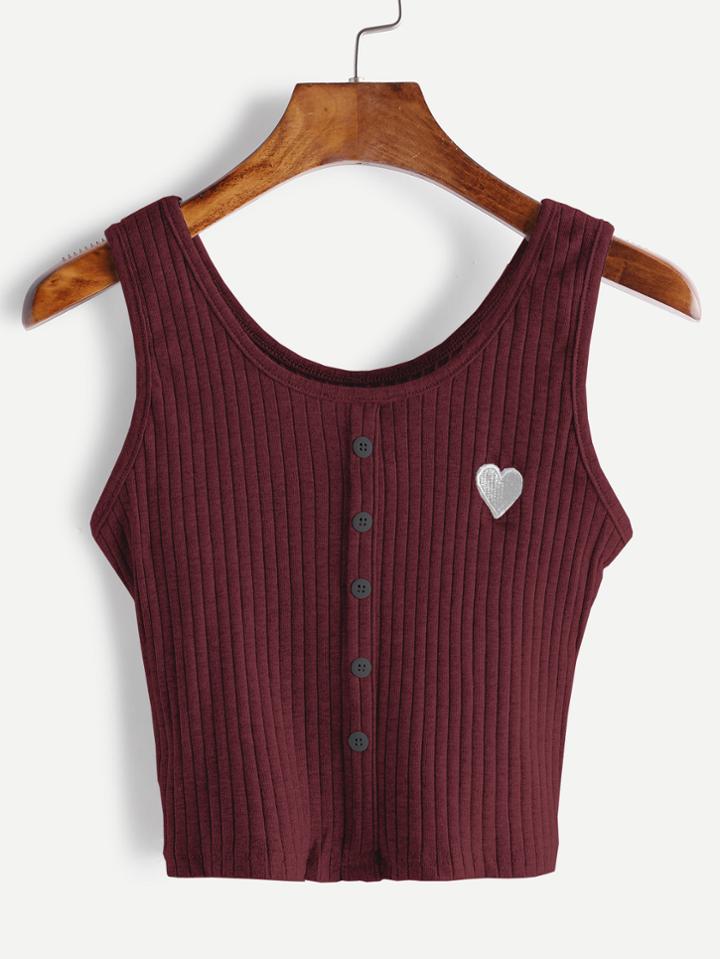 Romwe Burgundy Button Front Heart Embroidered Tank Top