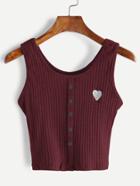 Romwe Burgundy Button Front Heart Embroidered Tank Top