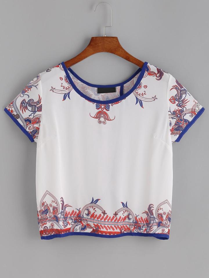Romwe Contrast Tribal Print Split Back Blouse