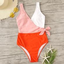 Romwe Colorblock Surplice Neck One Piece Swimsuit
