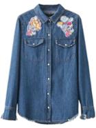 Romwe Blue Embroidery Ripped Denim Blouse