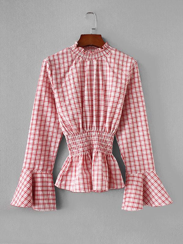 Romwe Shirred Detail Flounce Sleeve Plaid Blouse