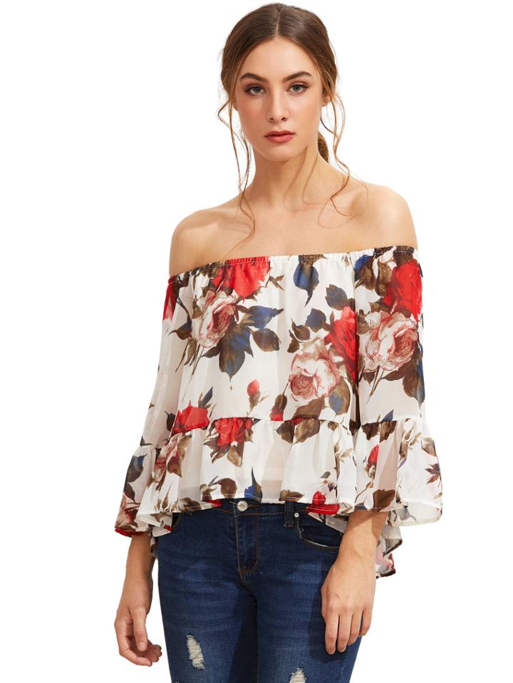 Romwe White Floral Off The Shoulder Blouse