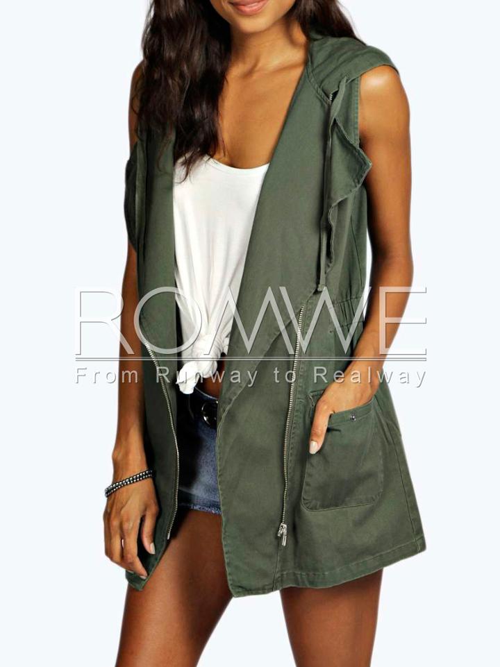 Romwe Army Green Hooded Sleeveless Pockets Vest