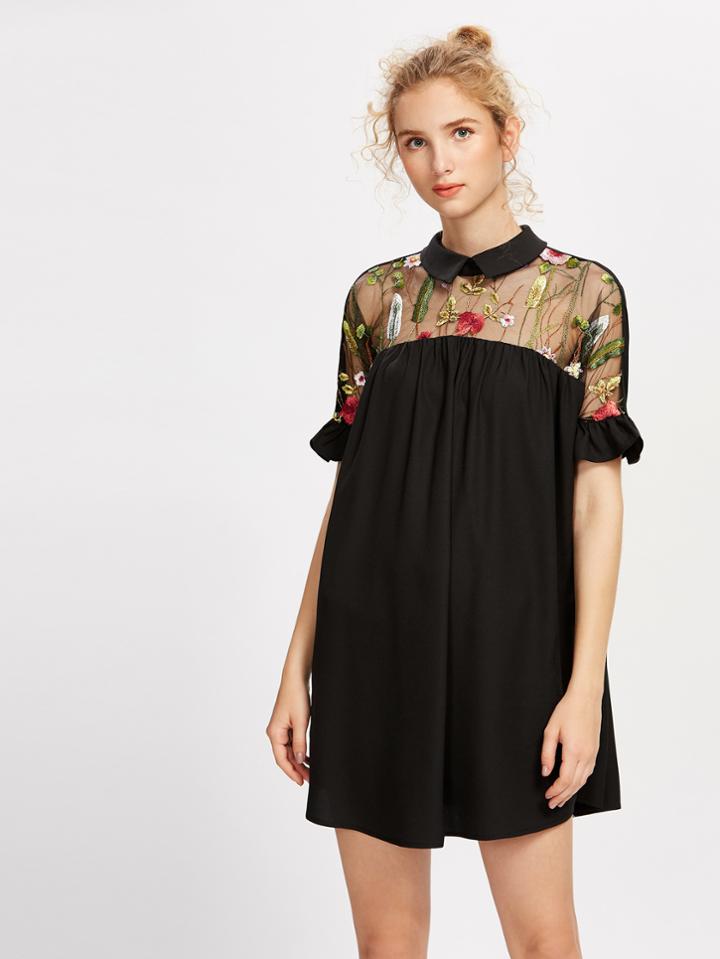 Romwe Embroidered Mesh Yoke Tie Back Ruffle Sleeve Smock Dress