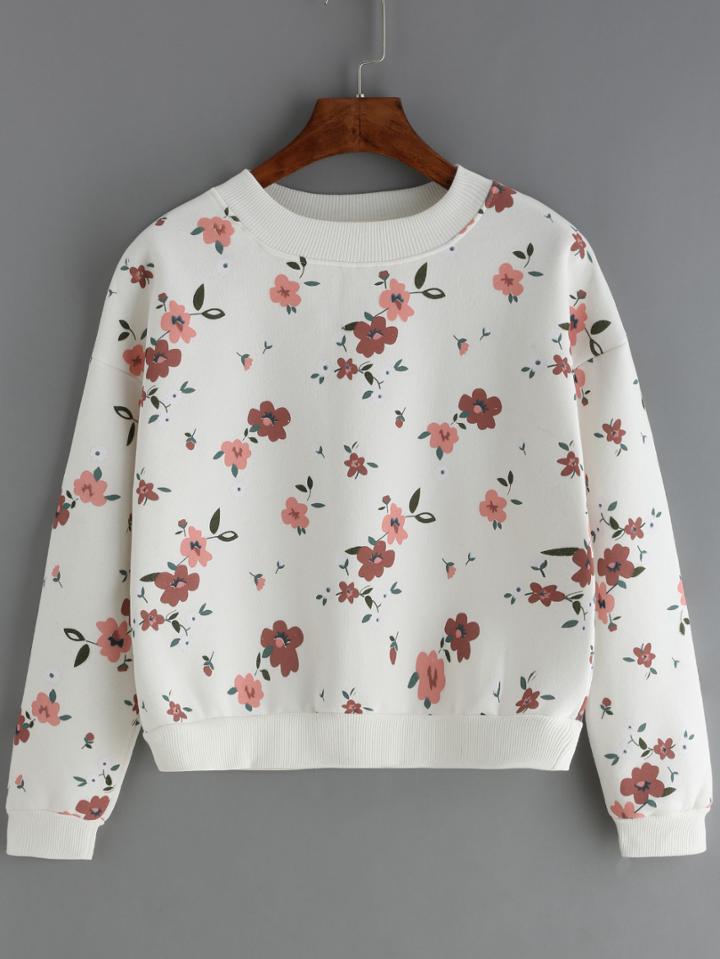 Romwe Florals Thicken White Sweatshirt