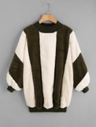 Romwe Two Tone Striped Fuzzy Pullover