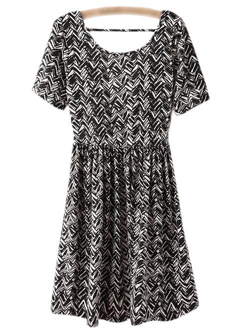 Romwe Black White Elastic Waist Wave Print Dress