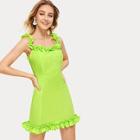 Romwe Neon Lime Frill Shirred Side Dress