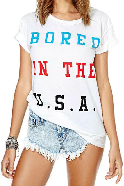 Romwe Rowme Bored In The Usa Print White T-shirt