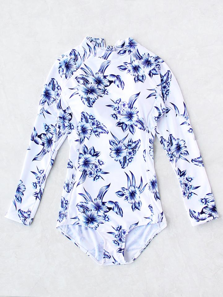 Romwe Floral Print Long Sleeve One-piece Swimwear