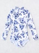 Romwe Floral Print Long Sleeve One-piece Swimwear