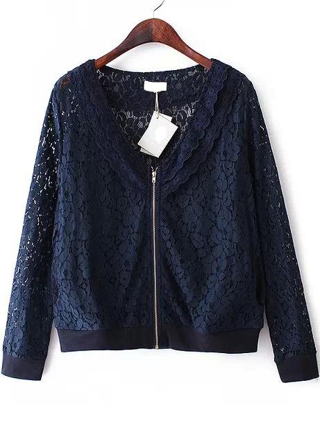 Romwe V Neck Zipper Lace Navy Coat