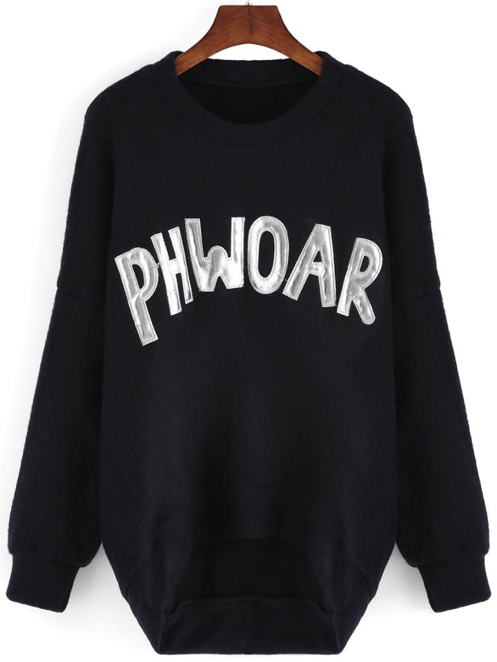 Romwe Letter Embroidered High Low Sweater