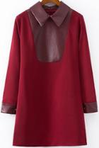 Romwe Contrast Pu Leather Wine Red Dress