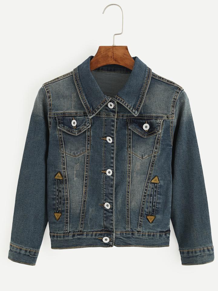 Romwe Dark Blue Lapel Buttons Pockets Denim Jacket