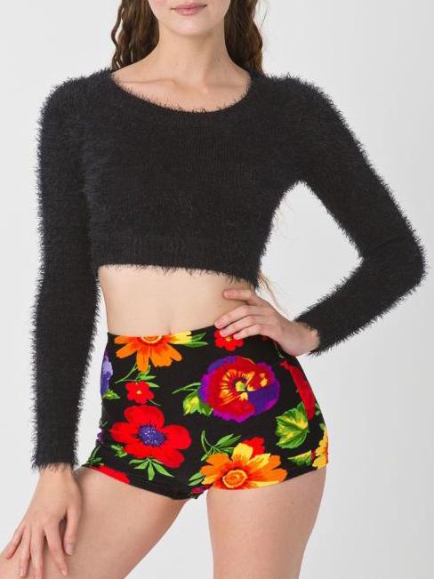 Romwe Round Neck Mohair Crop Black Sweater