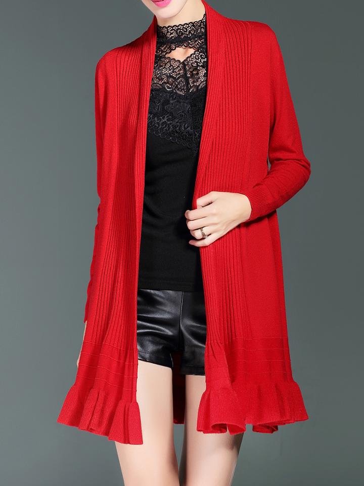 Romwe Red Knit Pleated Ruffle Outerwear