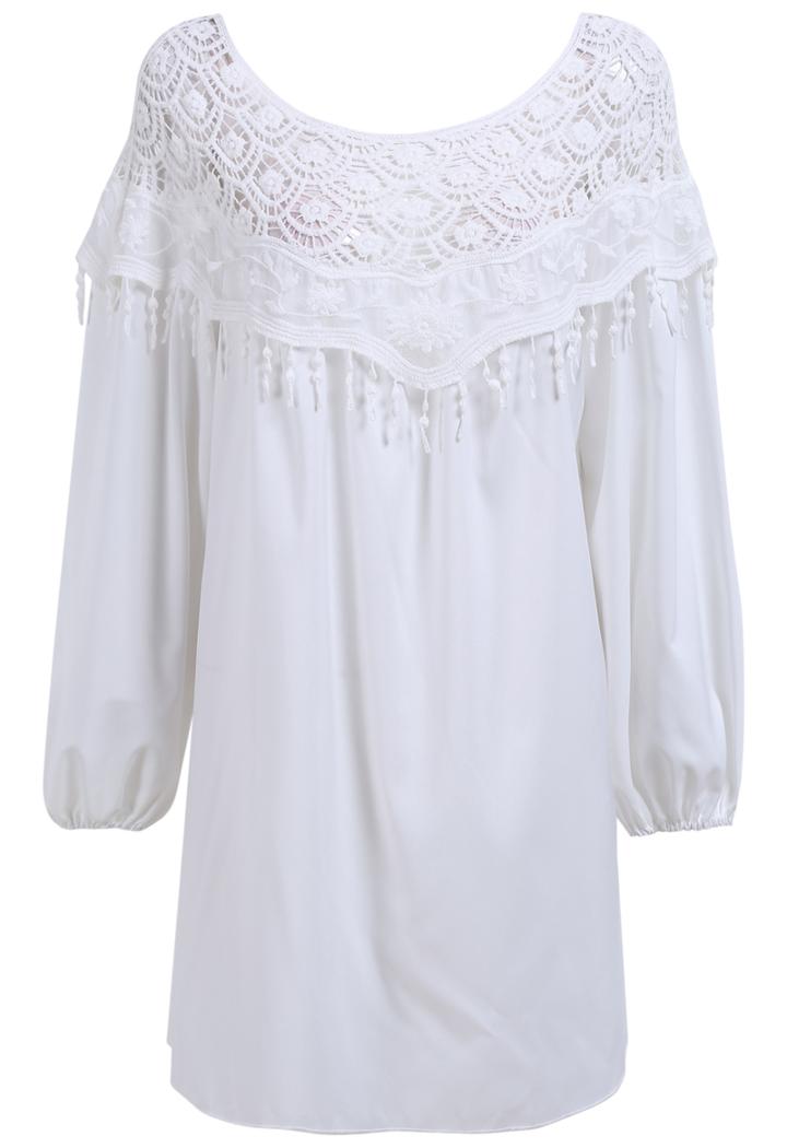 Romwe Long Sleeve Lace Insert With Tassel Dress