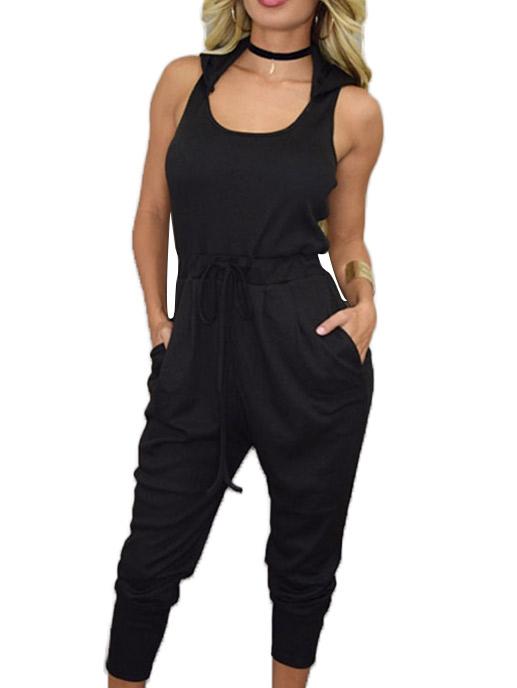 Romwe Hooded Drawstring High Waisted Black Jumpsuit