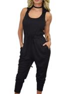 Romwe Hooded Drawstring High Waisted Black Jumpsuit
