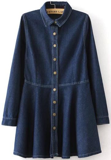 Romwe Navy Lapel Long Sleeve Buttons Denim Dress