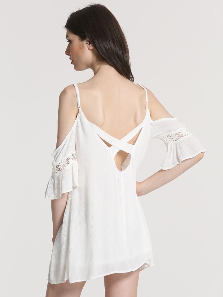 Romwe White Spaghetti Strap Lace Insert Dress