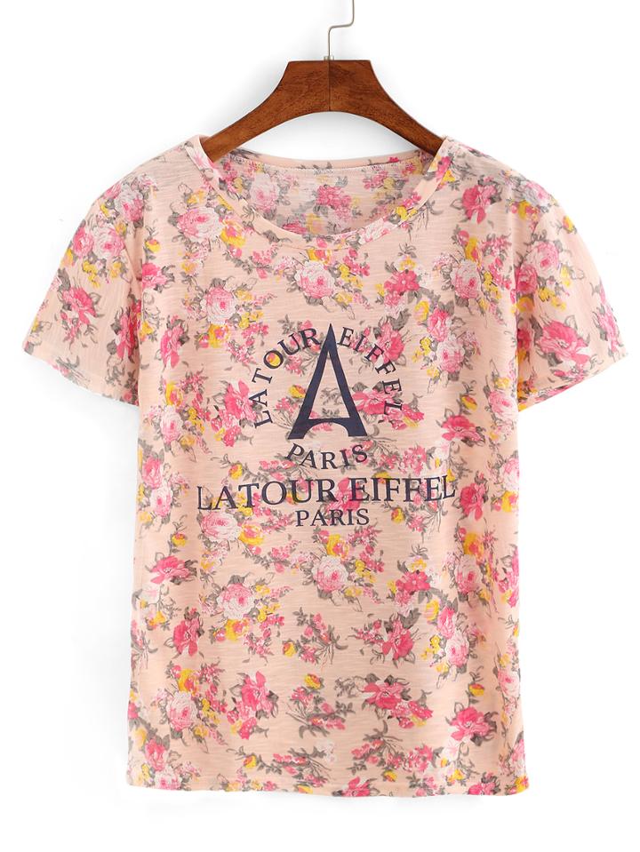 Romwe Floral Print Short Sleeve T-shirt